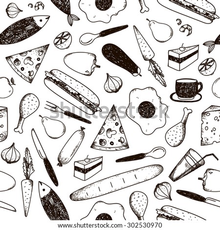 Vector seamless pattern, background black and white food. Pizza, fish, sandwich, carrot, meet, etc.