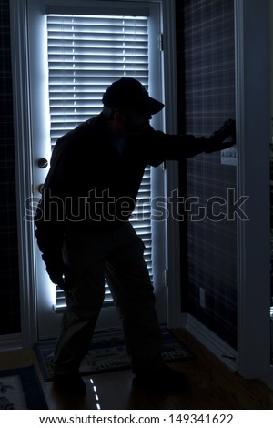This photo illustrates a burglary or thief breaking into a home at night through a back door. View from inside the residence.