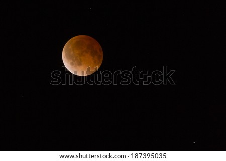 This is a photograph of the Lunar Eclipse Blood Moon Tetrad moving out of its maximum stage at 3:00 am Central Time United States.