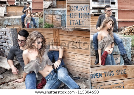 sexy couple wearing jeans and boots posing dramatic - collage