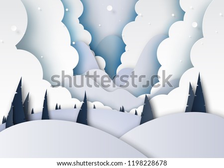 Winter season landscape with snow,clouds,pine forest and mountains for merry christmas and happy new year background paper art style.Vector illustration.