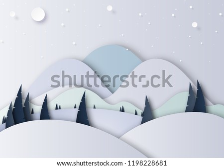 Winter season landscape with snow,pine forest and mountains for merry christmas and happy new year background paper art style.Vector illustration.