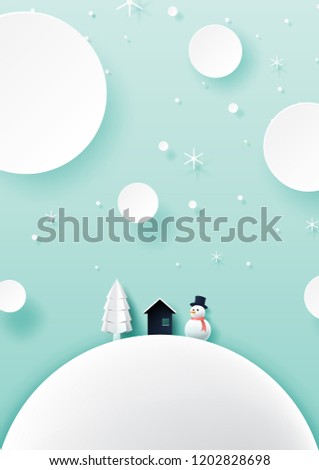 Winter season landscape with cottage,pine tree and snowman for merry christmas and happy new year background paper art style.Vector illustration.