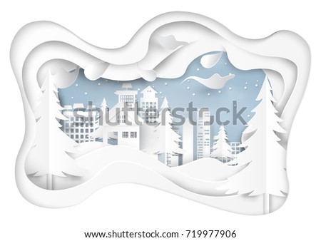Snow and winter season abstract background with urban landscape for merry Christmas and happy new year paper art style.Vector illustration.