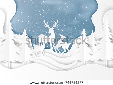 Deers family joyful on snow and winter season with nature landscape background for merry christmas and happy new year paper art style.Vector illustration.