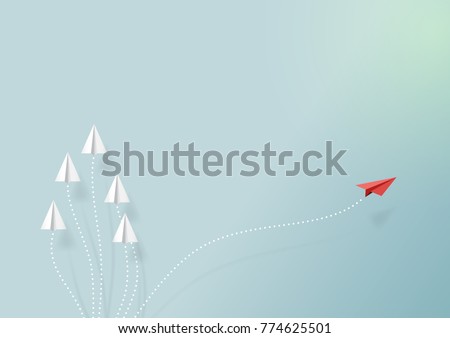 Paper airplanes flying on blue sky and cloud.Paper art style of business teamwork and one different vision creative concept idea.Vector illustration
