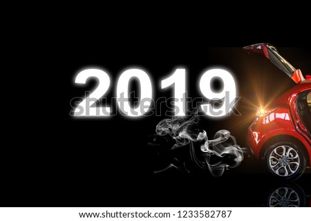 Car tail light red color with smoke andnvector 2019 for customers. Using
wallpaper or background for transport or automotive automobile and
happy new year 2019 image.