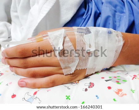 close up of hand with  IV solution in a patients in hospital with saline intravenous