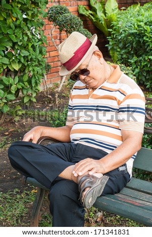 old man nap on a bench in the garden