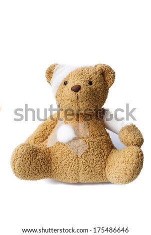 teddy bear with bandaged head on white background