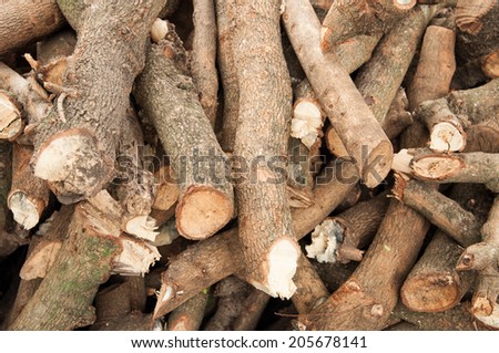 Dry chopped firewood logs in pile. Nature background.