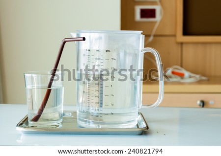 Glass of water in hospital room, restrict oral fluid for patient