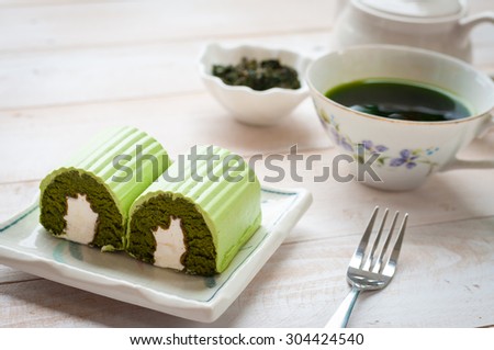 Japanese Matcha Green tea cake, tea and cake