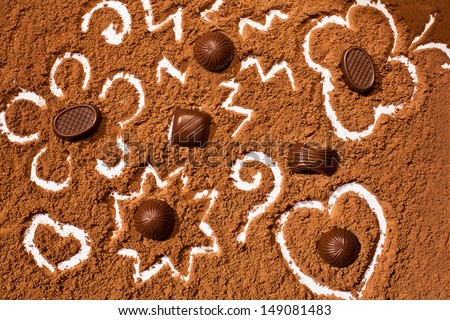 patterns on cocoa powder and  chocolates candies