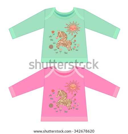 Baby clothes with cartoon animals. Sketchy little pink striped zebra is playing with a ball on the meadow with Smiling sun and flowers in cartoon style.