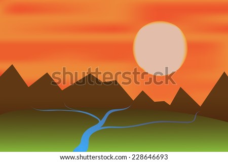 Vector illustration of sunset landscape with mountains and rivers.
