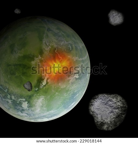Meteorites in space colliding with Earth like planet, computer generated illustration.
