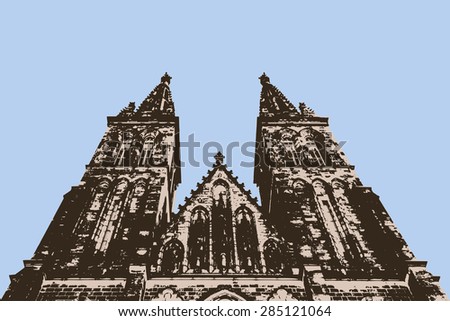 Vector illustration of tall gothic cathedral in two editable colors. Perspective view.