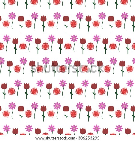 Retro floral vector seamless pattern made of red flowers, tulip and daisy.