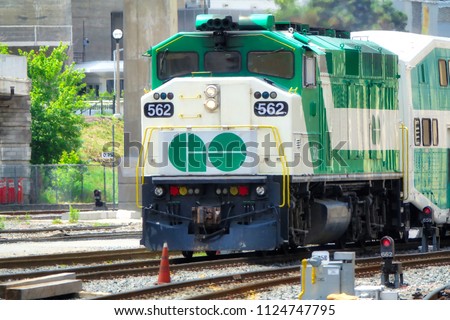 Toronto, Ontario, Canada-26 June, 2018: Toronto Go Train arriving at Union station