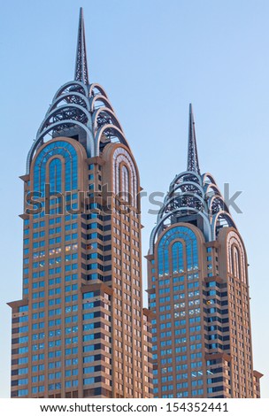 DUBAI, UAE, FEBRUARY 16: The top of the twin towers in Dubai MediaCity. February 16, 2011