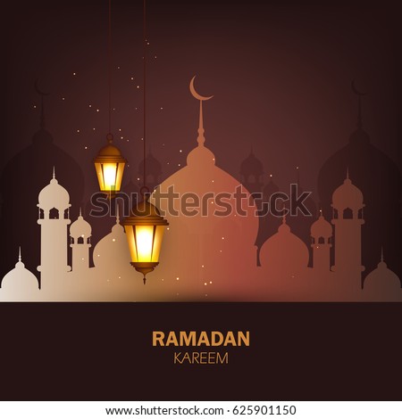 Ramadan Lanterns or Shiny Lamps on shiny Islamic background, Masjid background, Muslim background, Ramadan Kareem, Vector Illustration, Ramadan Mubarak.