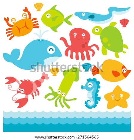 A cartoon vector illustration of fun happy colorful underwater animals set.