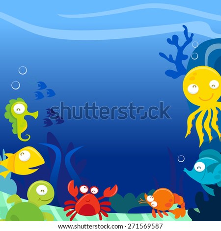 A vector illustration of happy silly cute sea animals underwater square copy space background.