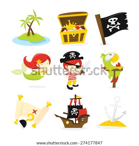 A vector illustration of pirate mermaid and treasure island theme icon set like deserted island treasure chest pirate flag mermaid pirate boy sword parrot treasure map and more A vector illustration of pirate mermaid and treasure island theme icon set like deserted island treasure chest pirate flag mermaid pirate boy sword parrot treasure map and more