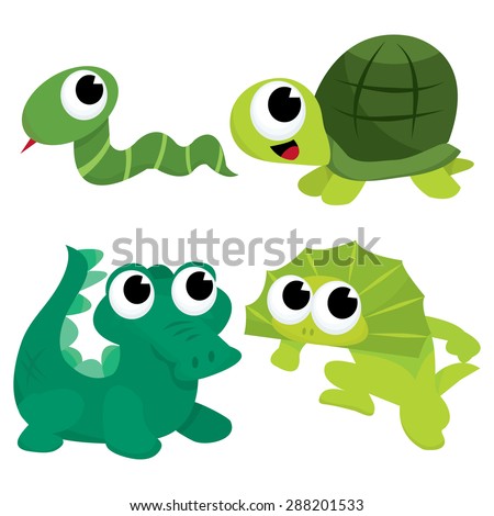 A cartoon vector illustration of a green reptiles animals like snake, turtle, crocodile and lizard.