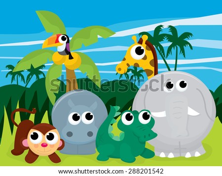 A cartoon vector illustration of a wild jungle scene with wild animals.
