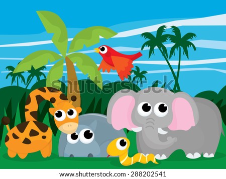 Cartoon wild jungle with wild cartoon animals vector stock illustration.