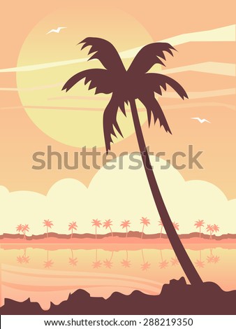 Sunset beach silhouette landscape vector illustration background.
