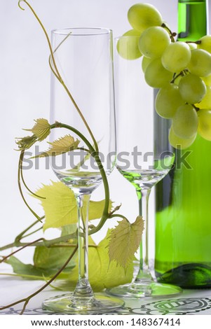 White wine bottle presented with wine glass on a bright background