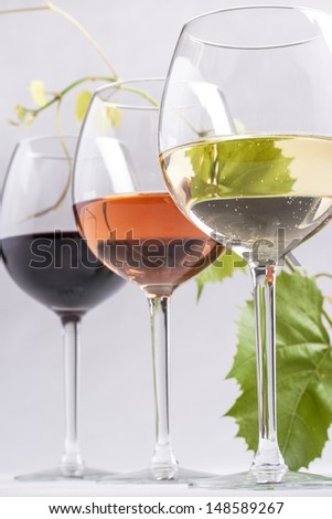 Three wine glasses with different wines - red, rose and white with a grape leafs on a solid bright background
