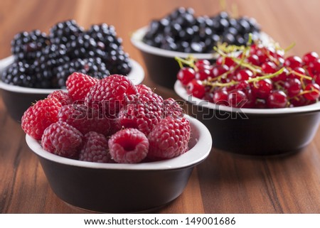 Four different black and red fruits: black currants, red currants, blackberries and raspberries