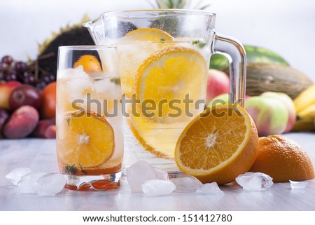Fresh fruit and water drink with a orange slices, mint herb and ice cubes with some fruits in the background.