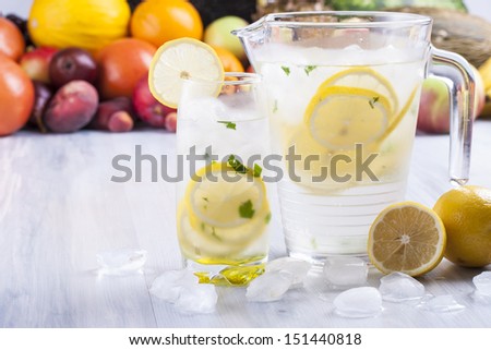 Fresh fruit and water drink with a lemon slices, mint herb and ice cubes with some fruits in the background.