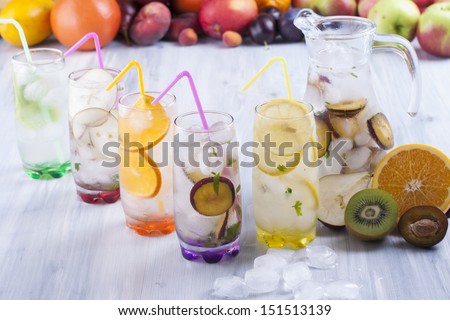 Fresh fruit and water drink with a sliced fruits - kiwi, pears, orange, plums, lemon, mint herb and ice cubes with some fruits in the background.
