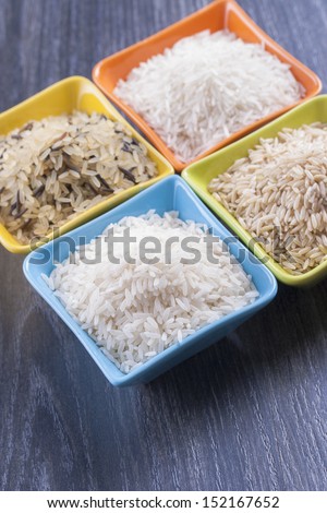 Close up photo of food ingredients - staple food - a bowls full of a rice.