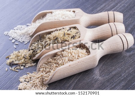 Close up photo of food ingredients - staple food - wooden spatula with a rice.