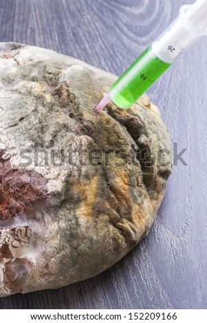 Close up photo concept showing up a GMO food - a molded bread and syringe green fluid begin injected.