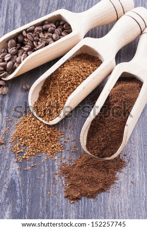 Close up photo of a coffee beans, ground coffee and instant coffee in a spoon on a dark solid wooden background.