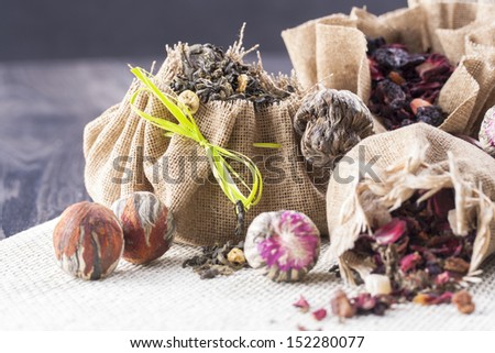 Food ingredients - a green tea leaves in a cotton brown bag.