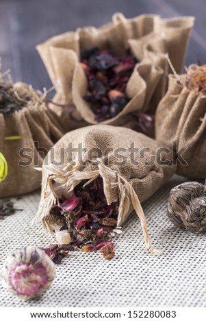 Food ingredients - a green tea leaves in a cotton brown bag.