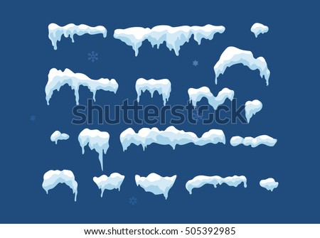 Set of Isolated snow cap. Snowy elements on winter background. Vector template in cartoon style for your design. Snowfall and snowflakes in motion