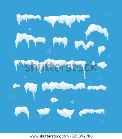 Set of Isolated snow cap. Snowy elements on winter background. Vector template in cartoon style for your design. Snowfall and snowflakes in motion