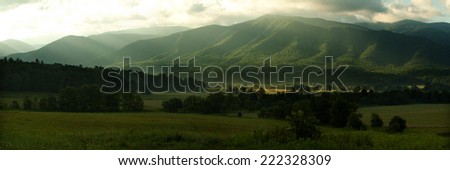 Fields in a valley.  Cades Cove, Great Smoky Mountains National Park, TN, USA.
