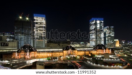 Tokyo station by night from above