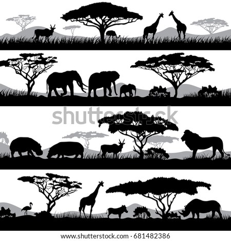 Wild african life. Background silhouettes of different animals and trees. Animal african wild black silhouette illustration